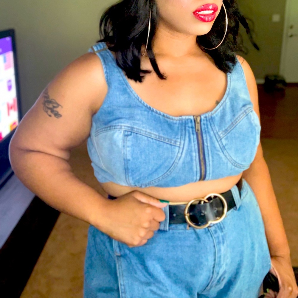 L’ATISTE 2pc plus-size blue denim patchwork set